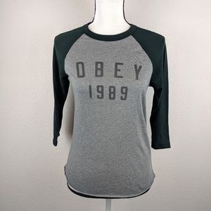 NWOT Obey Gray and Navy Raglan Baseball Top
